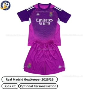 Real Madrid 2025/26 Purple Goalkeeper Kids Football Kit - Front View - TAG