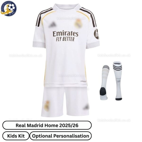 Real Madrid Home Kids Football Kit 2025_26 - front View with socks - TAG