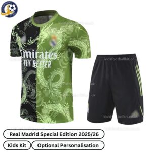 Real Madrid Special Edition Kids Football Kit 2025_26 (No Socks) – Black Green -front view