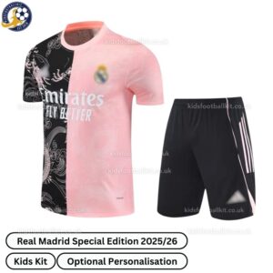 Real Madrid Special Edition Kids Football Kit 2025_26 (No Socks) – Black Pink -front view