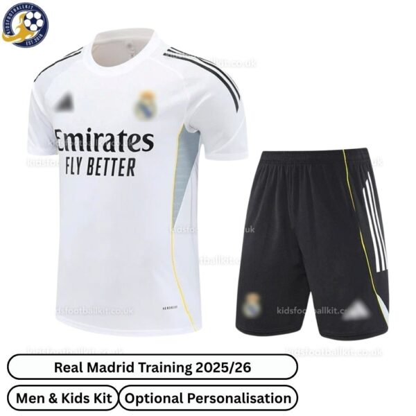 Real Madrid White Black Training Kids Football Kit 24/25 - Front View - TAG