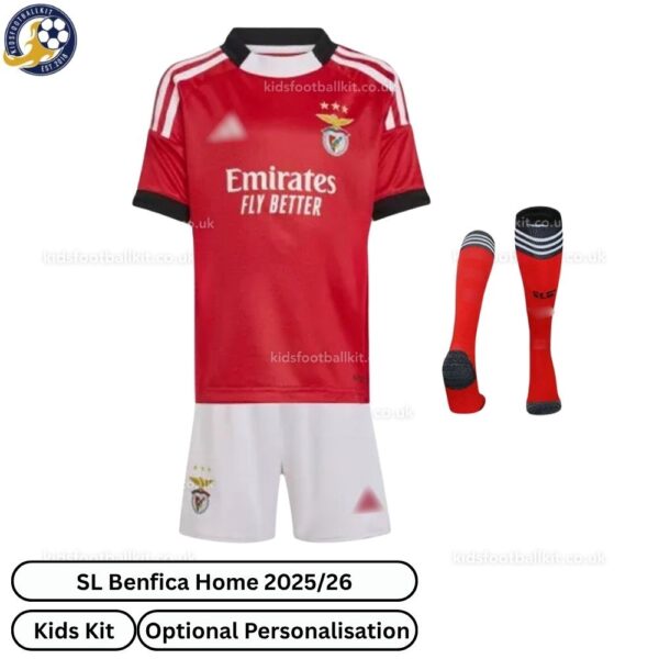 SL Benfica Home Kids Football Kit 2025/26 (With Socks) - Front View - TAG
