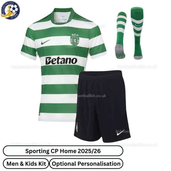 Sporting CP Home Kids Football Kit 2025/26(With Socks) - Front View - tag