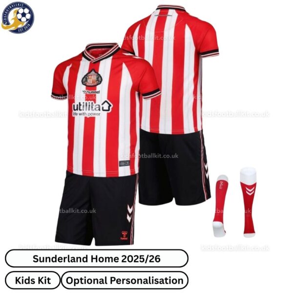 Sunderland Home Kids Football Kit 25_26-over view with socks (TAG)