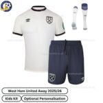 West Ham United Away 25_26 Kids Football Kit-front view with socks (TAG)