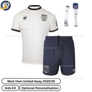 West Ham United Away 25_26 Kids Football Kit-front view with socks (TAG)