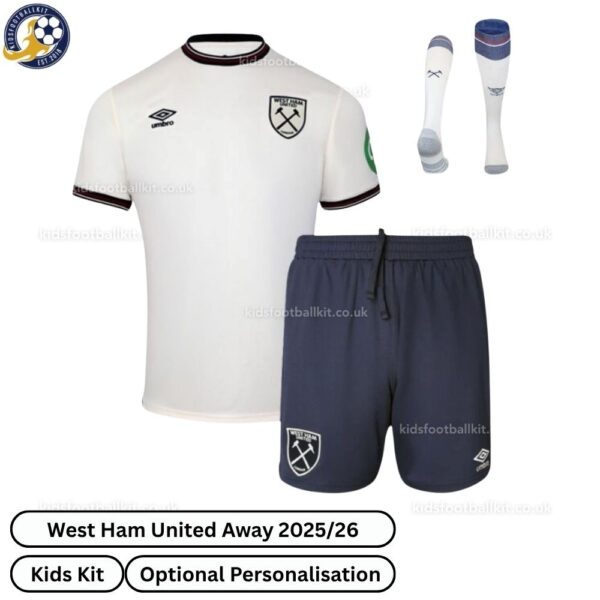 West Ham United Away 25_26 Kids Football Kit-front view with socks (TAG)