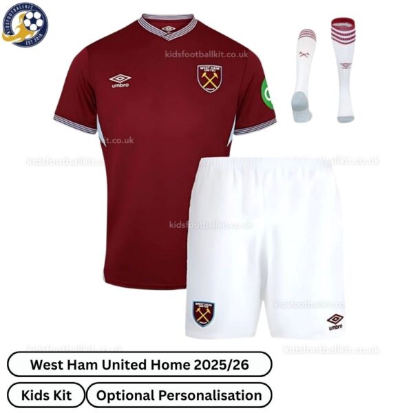 West Ham United Home 25_26 Kids Football Kit-front view with socks (TAG)