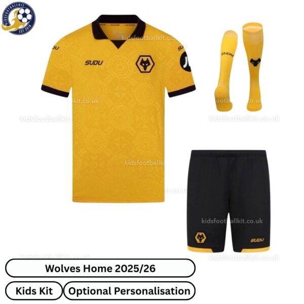 Wolves Home Kids Football Kit 25_26-front view with socks (TAG)