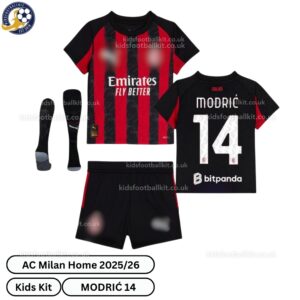 AC Milan Home Kids Football Kit 2025_26 – MODRIĆ 14 -over view with socks