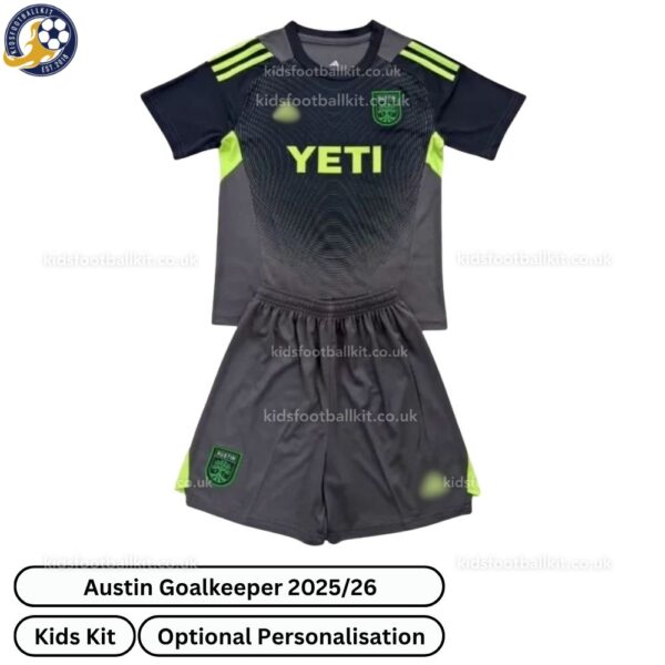 Austin Goalkeeper Kids Football Kit 2025_26 (No Socks) – Black Fan Version-front view