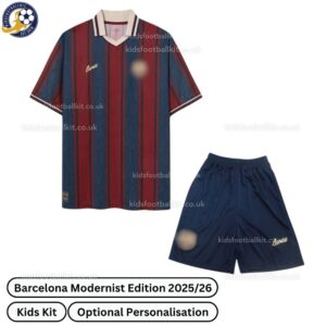 Barcelona Modernist Edition Kids Football Kit 2025_26 – Fan version-front view