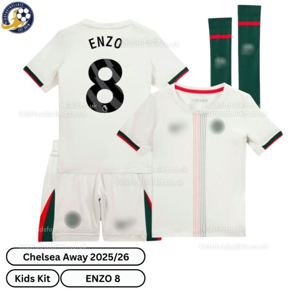 Chelsea Away Kids Football Kit 2025_26 – ENZO 8 -over view with socks