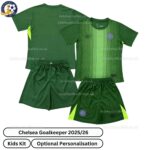 Chelsea Goalkeeper Kids Football Kit 2025_26 (No Socks) – Green-over view