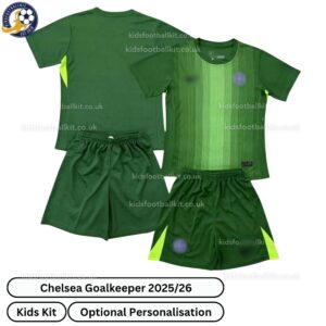 Chelsea Goalkeeper Kids Football Kit 2025_26 (No Socks) – Green-over view