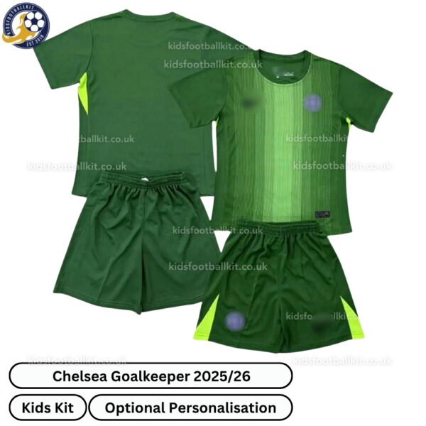 Chelsea Goalkeeper Kids Football Kit 2025_26 (No Socks) – Green-over view