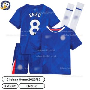 Chelsea Home Kids Football Kit 2025_26 – ENZO 8 -over view with socks