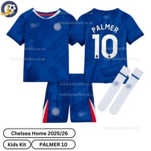 Chelsea Home Kids Football Kit 2025_26 – PALMER 10-over view with socks