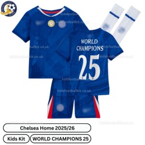 Chelsea Home Kids Football Kit 2025_26 – WORLD CHAMPIONS 25 -over view with socks