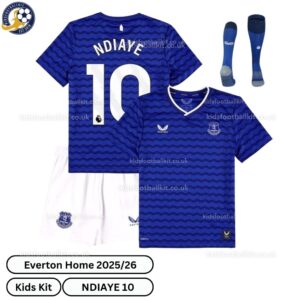 Everton Home Kids Football Kit 2025_26 – NDIAYE 10 -over view with socks