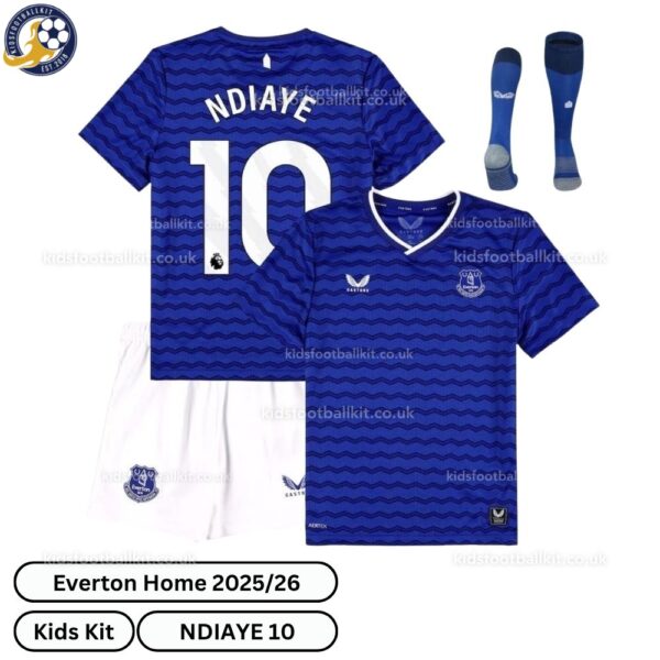 Everton Home Kids Football Kit 2025_26 – NDIAYE 10 -over view with socks