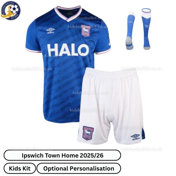 Ipswich Town Home Kids Football Kit 2025_26 -front view with socks