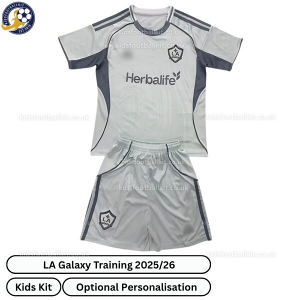 LA Galaxy Training Kids Football Kit 2025_26 (No Socks) – Grey-front view