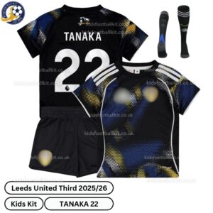 Leeds United Third Kids Football Kit 2025_26 – TANAKA 22 -over view with socks