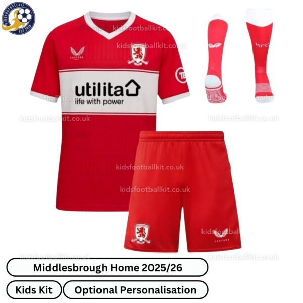Middlesbrough Home Kids Football Kit 2025_26 (With Socks)