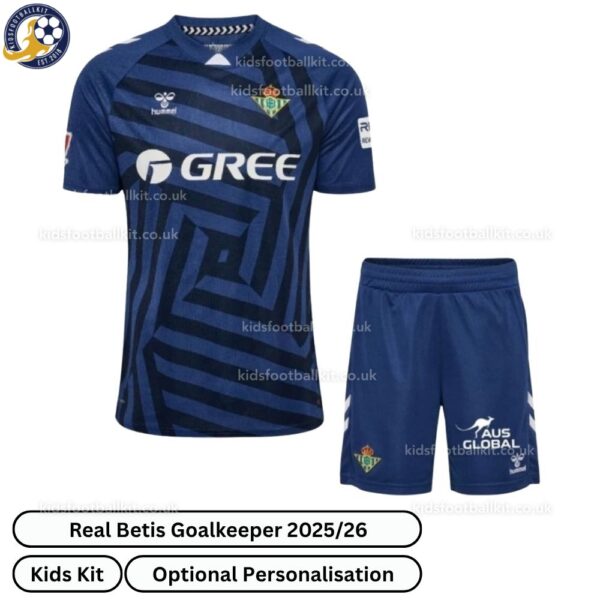 Real Betis Goalkeeper Kids Football Kit 2025_26 (No Socks) – Blue-front view