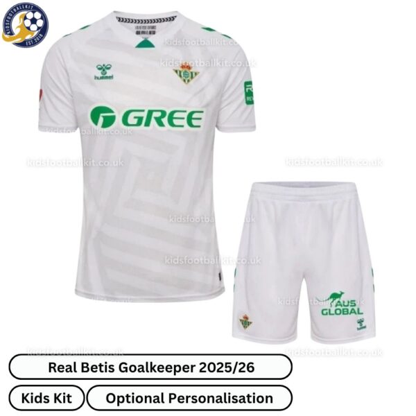Real Betis Goalkeeper Kids Football Kit 2025_26 (No Socks) – White-front view