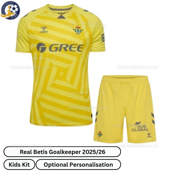 Real Betis Goalkeeper Kids Football Kit 2025_26 (No Socks) – Yellow-front view
