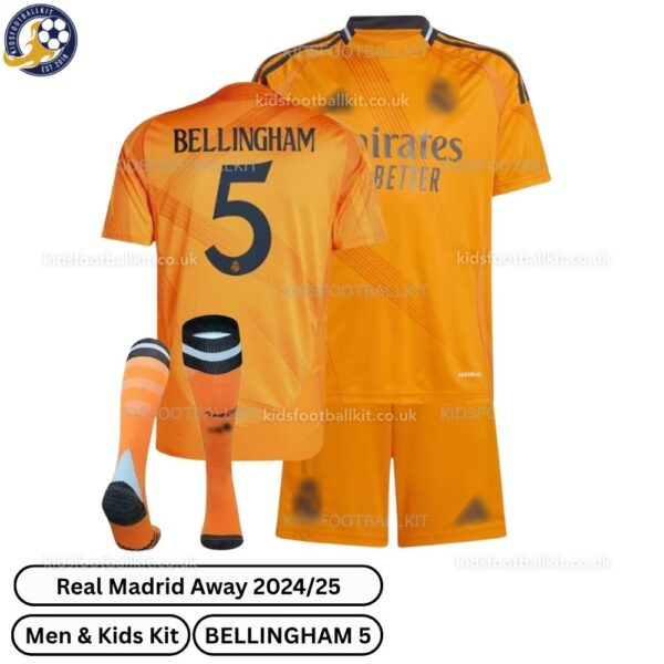 Real Madrid Away Men & Kids Football Kit 2024_25 – BELLINGHAM 5 - over view with socks