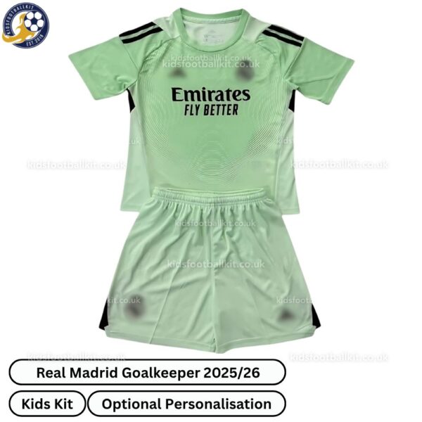 Real Madrid Goalkeeper Kids Football Kit 2025_26 (No Socks) – Green-front view