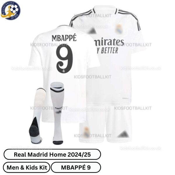 Real Madrid Home Men & Kids Football Kit 2024_25 – MBAPPÉ 9 - over view with socks