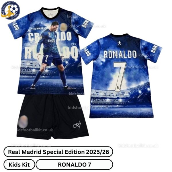Real Madrid Special Edition Kids Football Kit 2025_26 – RONALDO 7 – Fan Version-over view