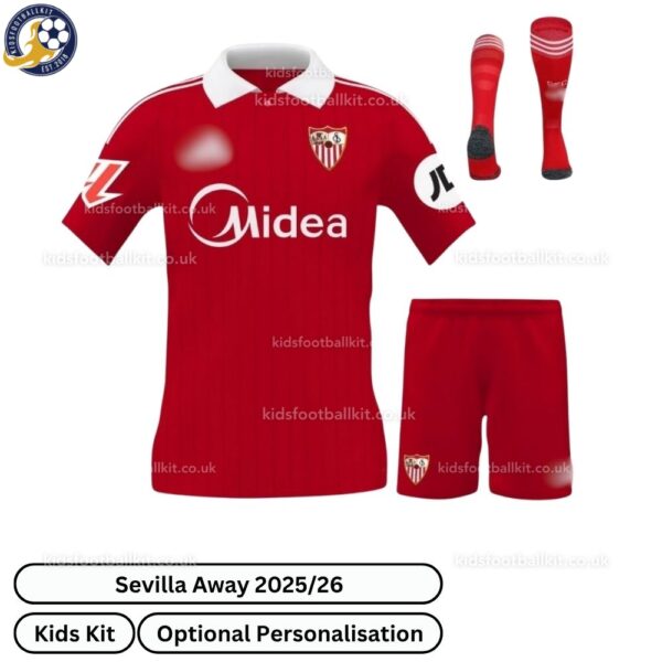 Sevilla Away Kids Football Kit 2025_26 - front view with socks