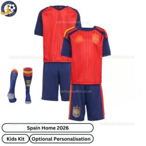 Spain Home Kids Football Kit 2026-over view with socks
