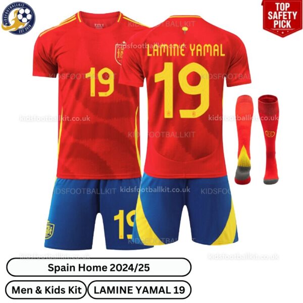 Spain Home Men & Kids Football Kit 2024_25 – LAMINE YAMAL 19 - over view with socks