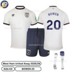 West Ham United Away Kids Football Kit 2025_26 – BOWEN 20 -over view with socks