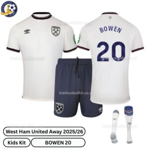 West Ham United Away Kids Football Kit 2025_26 – BOWEN 20 -over view with socks