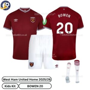 West Ham United Home Kids Football Kit 2025_26 – BOWEN 20 -over view with socks