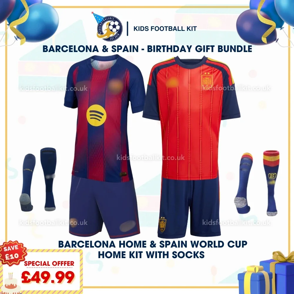 Barcelona and Spain World Cup Champions 2026 Birthday Gift Pack – Home Kids Football Kit (With socks)
