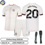 Chelsea JOAO PEDRO 20 Away 25 26 Kids Football Kit-over view with socks - blur