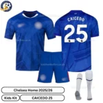 Chelsea CAICEDO 25 Home 25 26 Kids Football Kit-over view with socks - blur