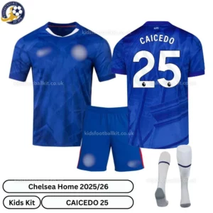 Chelsea CAICEDO 25 Home 25 26 Kids Football Kit-over view with socks - blur