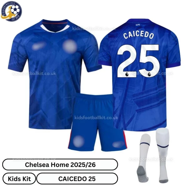 Chelsea CAICEDO 25 Home 25 26 Kids Football Kit-over view with socks - blur