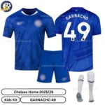Chelsea GARNACHO 49 Home 25 26 Kids Football Kit-over view with socks -blur