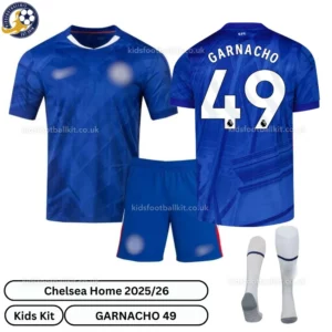 Chelsea GARNACHO 49 Home 25 26 Kids Football Kit-over view with socks -blur
