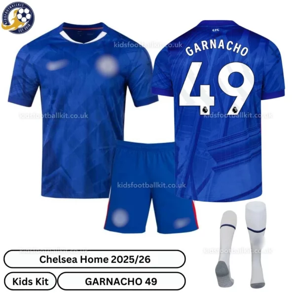 Chelsea GARNACHO 49 Home 25 26 Kids Football Kit-over view with socks -blur